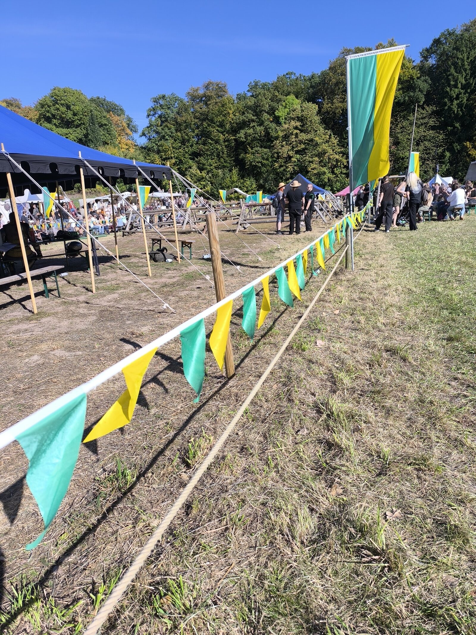 16 Fahnen mit Fahnenstangen und 150 m Wimpelkette, gelb-grün